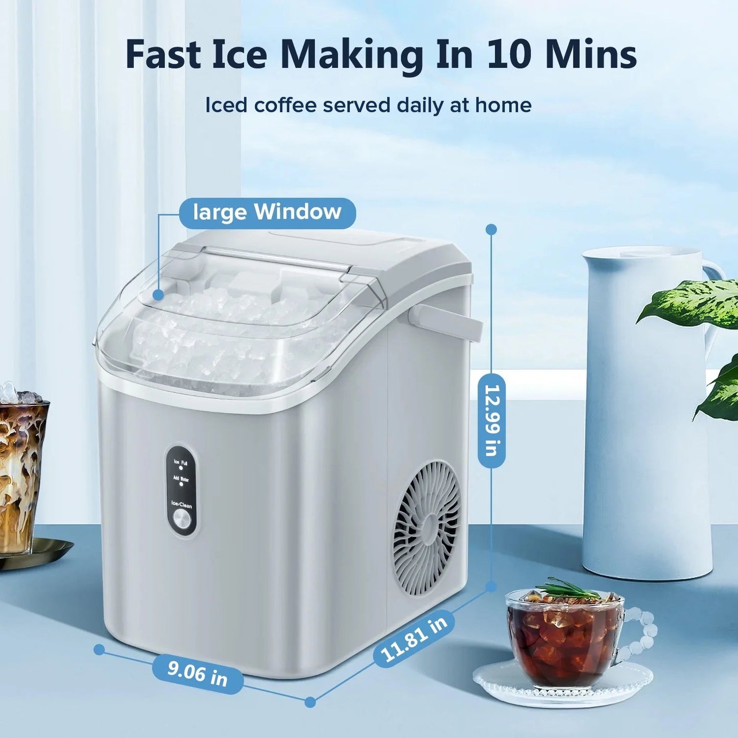 Auseo Countertop Nugget Ice Maker - 35 lbs/24 hrs, Self-Cleaning with Ice Basket, Shovel, and Handle - Ideal for Home, Office, and Parties - Gray