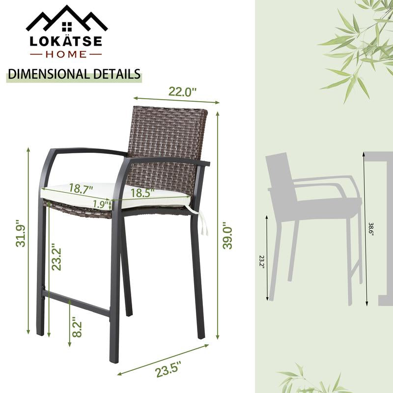 LOKATSE HOME 2 PCS Outdoor Patio Wicker Bar Stools, Height Chairs with Armrest and Cushion for Backyard Deck Lawn Garden