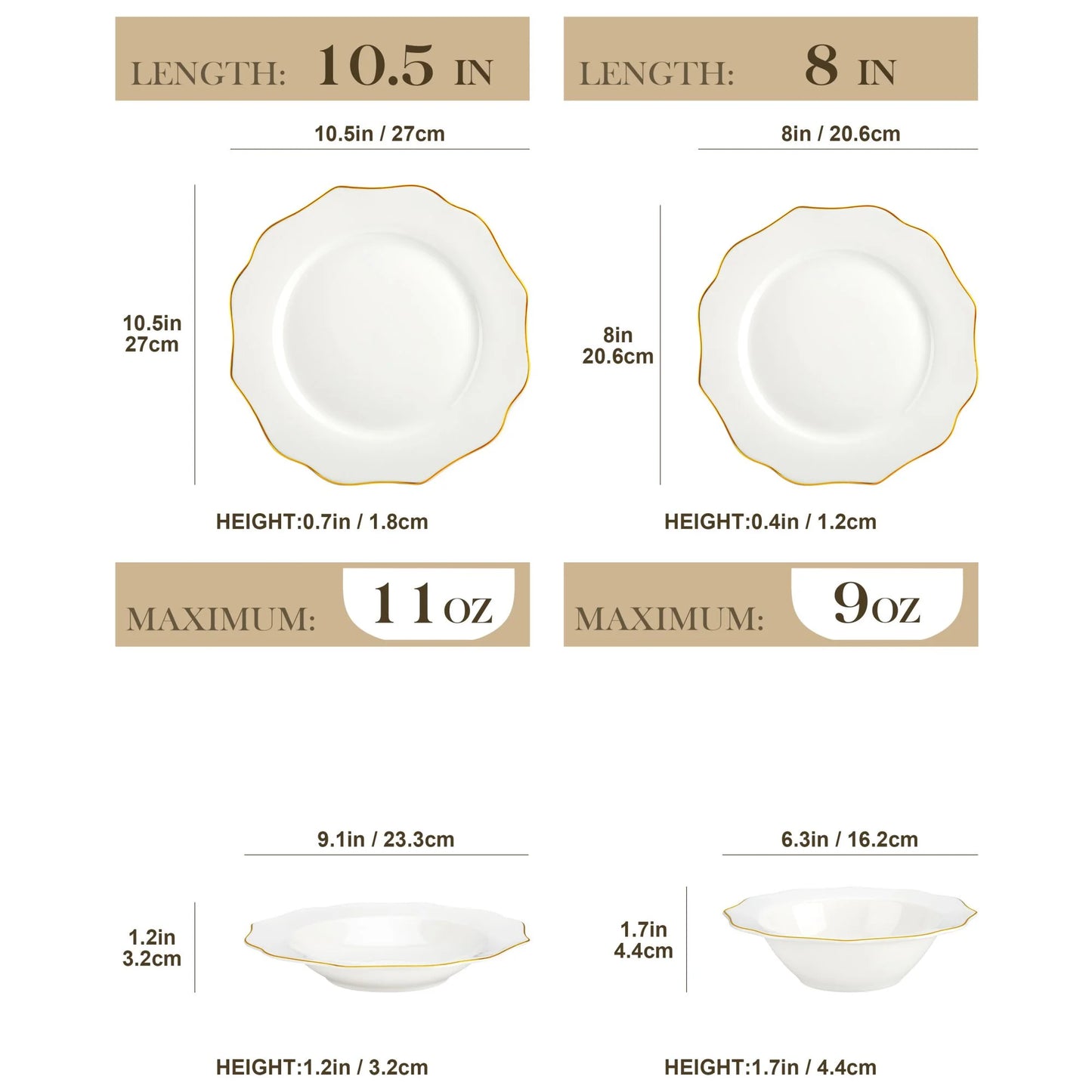 MALACASA Series LOTUS, 16-Piece Bone China Dinnerware Set, White with Golden Rim Dinner Sets, Service for 4