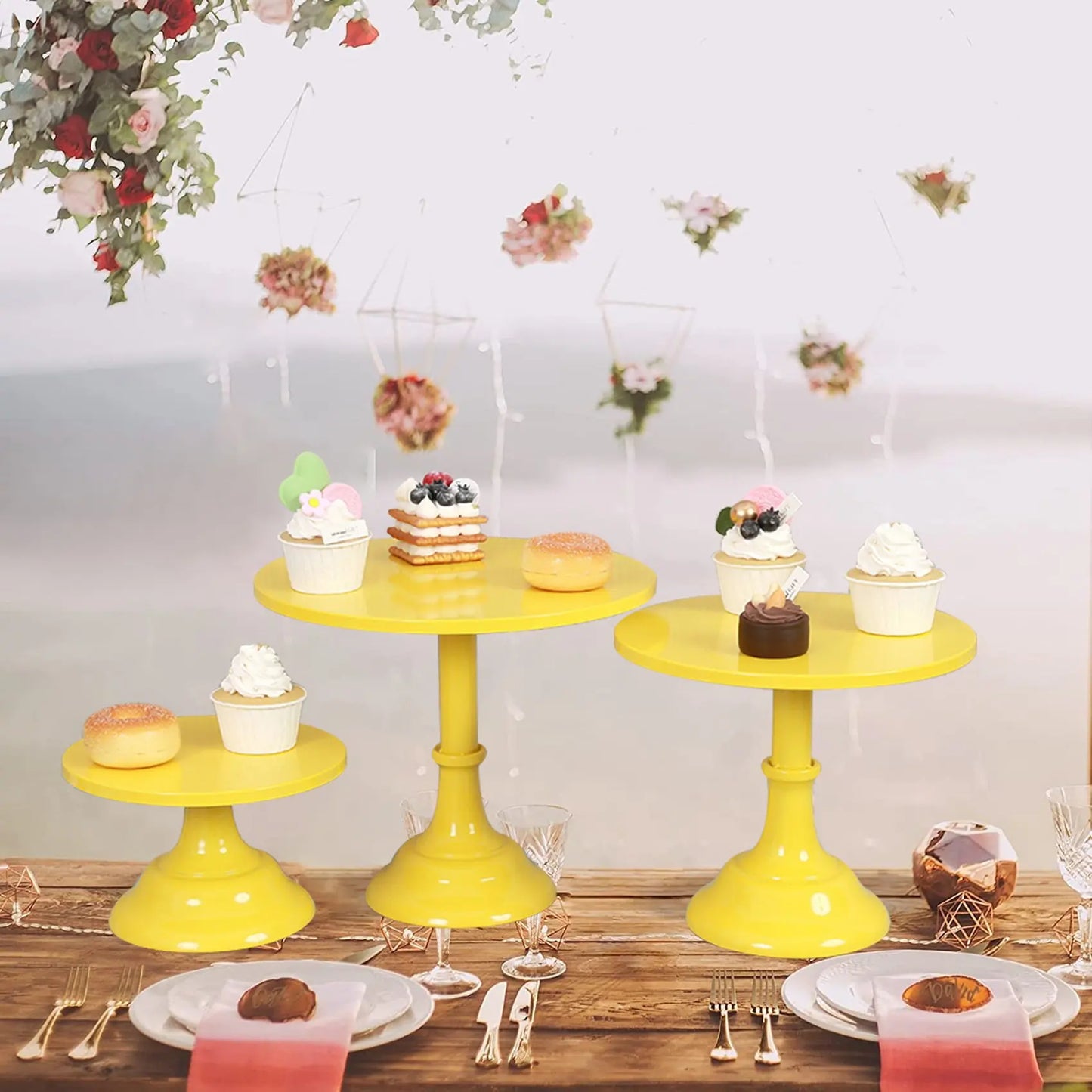 Metal Iron Cake Stand Round Pedestal Dessert Holder Cupcake Display Rack Bakeware for Birthday Wedding Party (Yellow M)