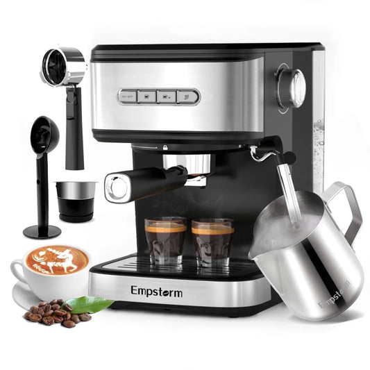 Empstorm 20-Bar Espresso Machine, Dual-Cup Coffee Maker with 1.5L Water Tank and Milk Frother, Black