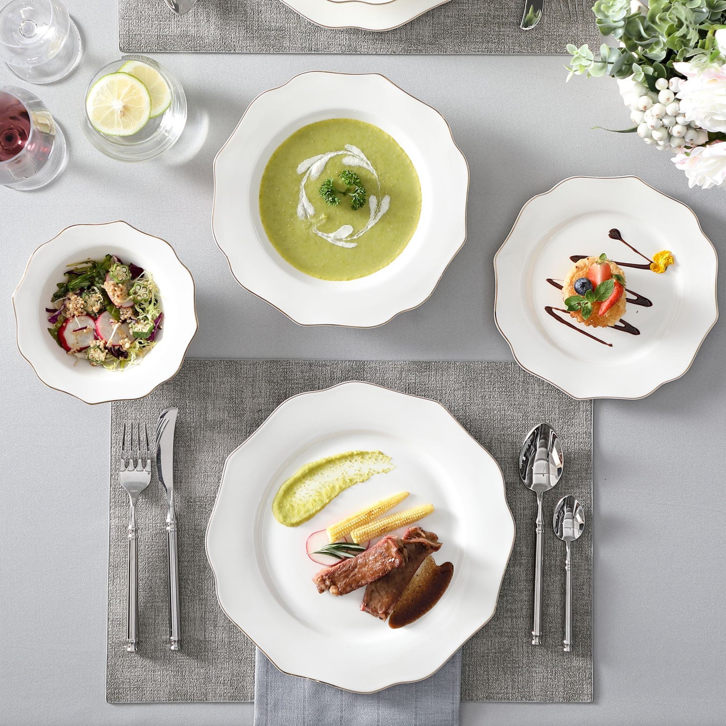 MALACASA Series LOTUS, 16-Piece Bone China Dinnerware Set, White with Golden Rim Dinner Sets, Service for 4