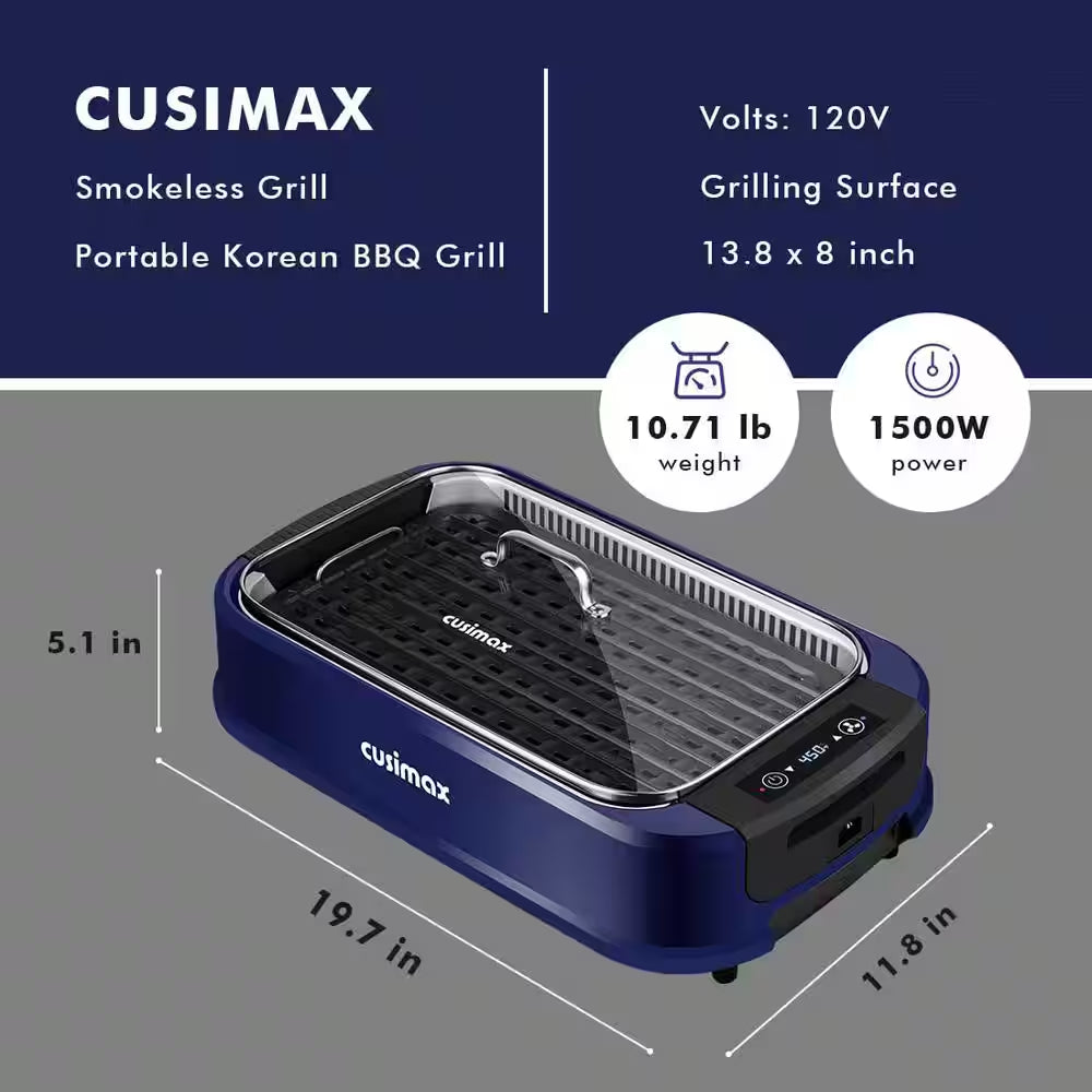 267Sq. In. Blue Smokeless Electric Portable Indoor Grill with 1500-Watt Fast Heating