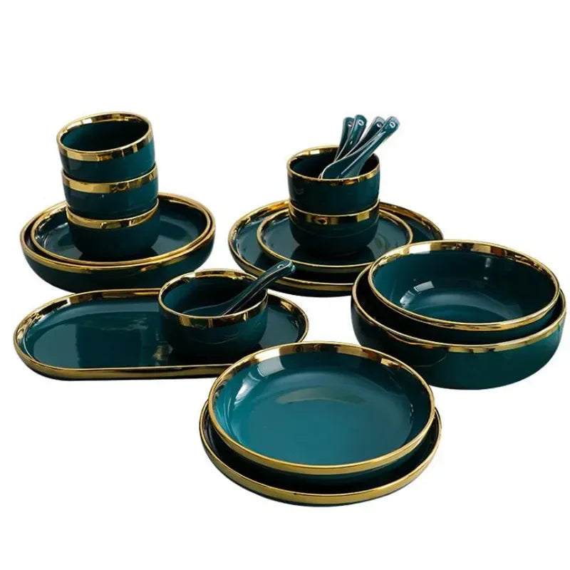 Gilt Rim Green Ceramic Plate Steak Food Plates Bowls Ins Dinner Dish Luxurious Porcelain Dinnerware Set for Family Hotel