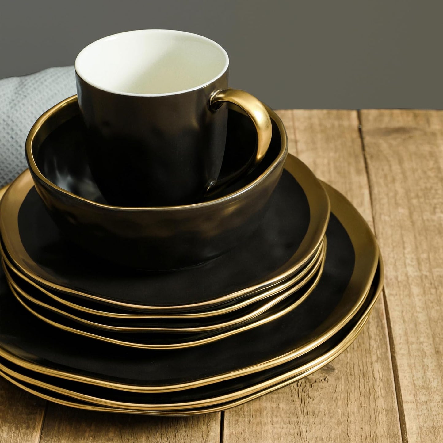 Stone Lain Florian Contemporary 16-Piece Porcelain Dinnerware Set with Black and Gold Rim for Four