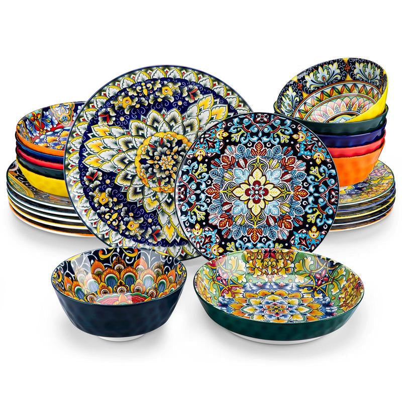 Vancasso Boho Chic Ceramic Dinnerware Set for Six - Vibrant Plates and Bowls