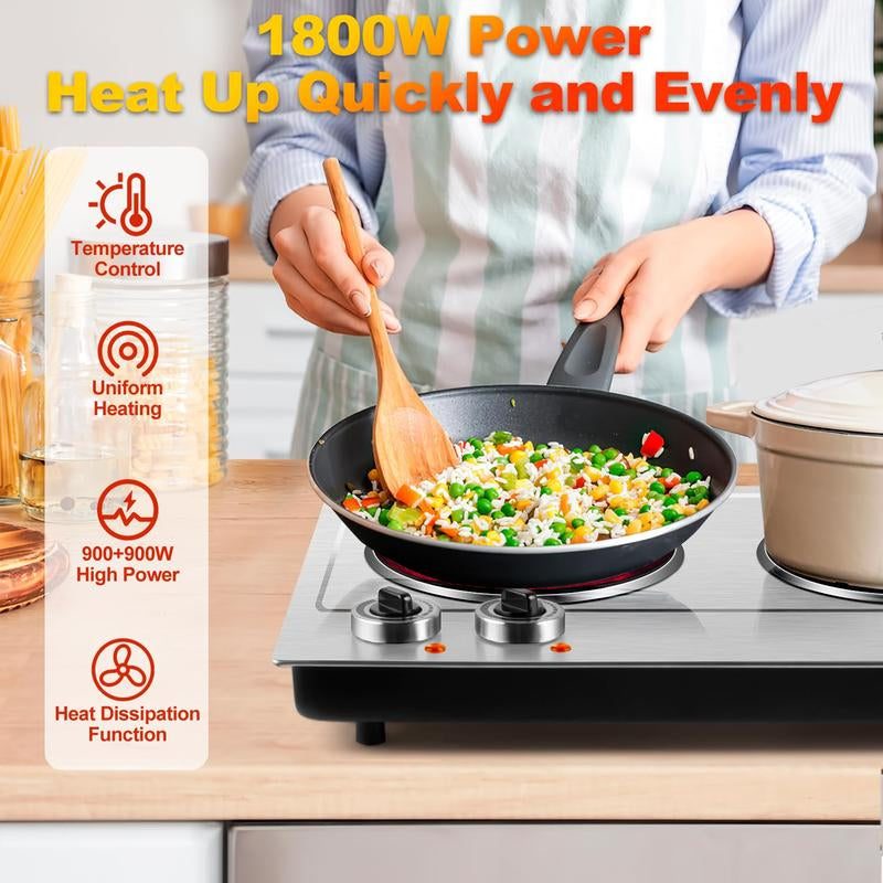 Cusimax 1800W Infrared Dual Burner Electric Cooktop, Dual 7 Inch Ceramic Glass Hot Plates, Easy to Clean and Safe Hot Plates