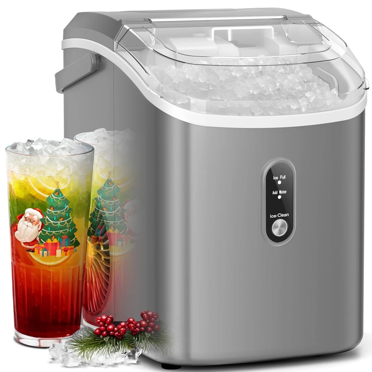 Auseo Countertop Nugget Ice Maker - 35 lbs/24 hrs, Self-Cleaning with Ice Basket, Shovel, and Handle - Ideal for Home, Office, and Parties - Gray