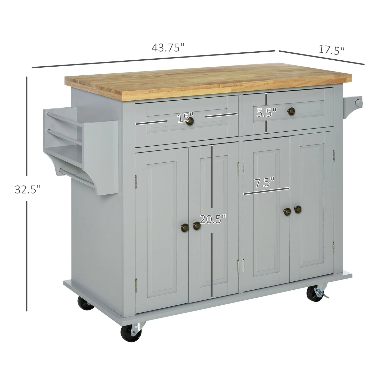HOMCOM Rolling Kitchen Island Cart with Rubber Wood Top, Spice Rack, Towel Rack & Drawers for Dining Room, Grey