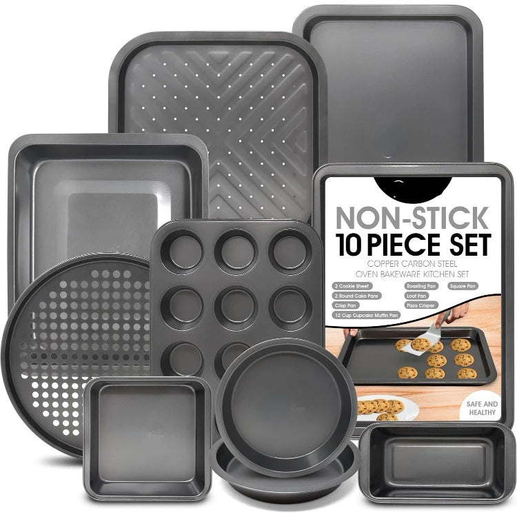 Pan 10 Piece Set Nonstick Carbon Steel Gray Oven Bakeware Kitchen Set, 2 Cookie Sheets, 2 Round Cake Pans, Square Pan,