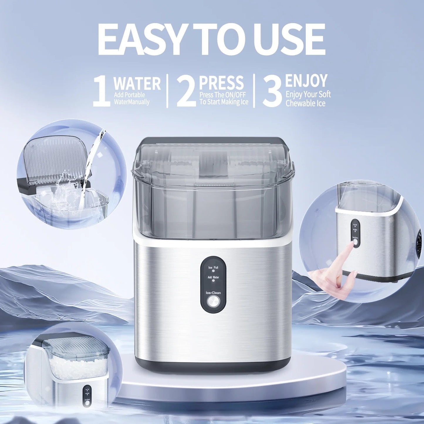 Auseo Portable Nugget Ice Maker - Countertop Stainless Steel Machine with Self-Cleaning Function, Producing 35 lbs of Ice per Day for Home, Kitchen, and Office Use