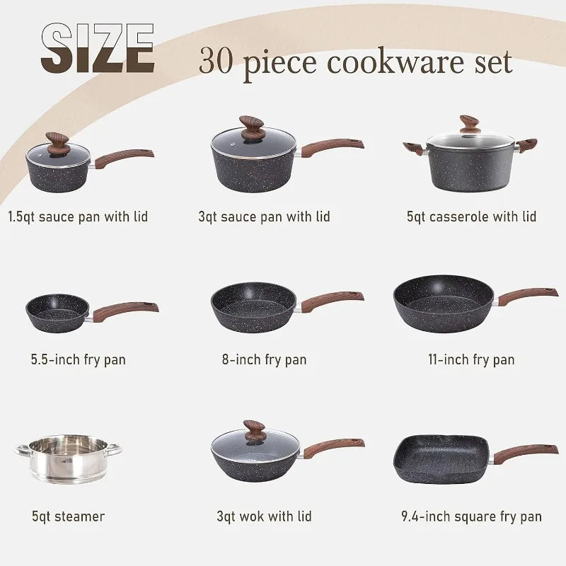 Induction Cookware & Bakeware Set - 30 Piece Black Granite Cooking Pans Set, Non-Stick Pots and Pans Set
