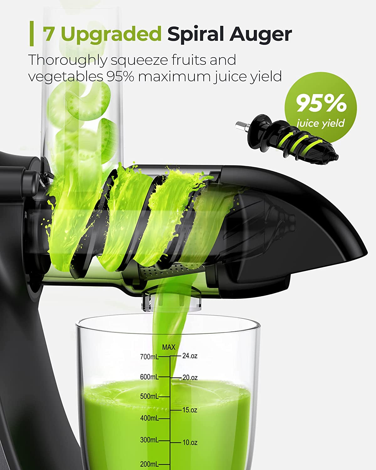 Jocuu Slow Masticating Juicer - High Juice Yield, Easy to Clean, Quiet Operation, with Soft & Hard Modes, Includes Brush & Recipes (Grey)