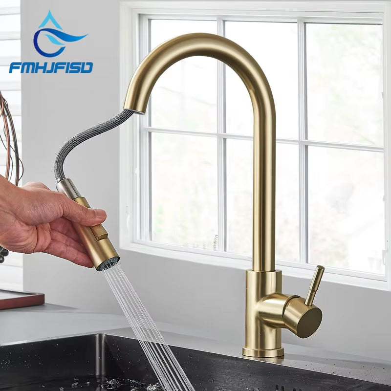 Kitchen Faucet Brushed Gold Pull Out Kitchen Sink Water Tap Single Handle Mixer Tap 360 Rotation Kitchen Shower Faucet