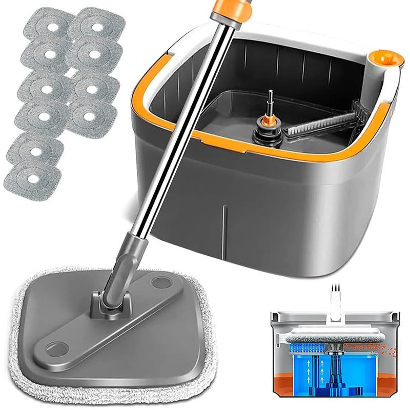 Spinning Mop and Bucket Set with Self-Separating Dirty Water & Clean Water System, Self-Drying 360° Spin Square Mop Head Wardwood Tile Marble Floors,Cleaning Mop after the Party,Adjustable Hand Tool,Family House Mom Home