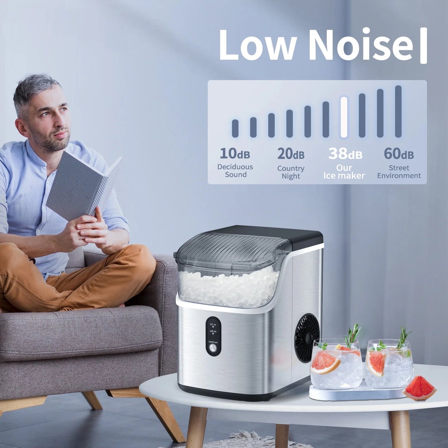 Auseo Portable Nugget Ice Maker - Countertop Stainless Steel Machine with Self-Cleaning Function, Producing 35 lbs of Ice per Day for Home, Kitchen, and Office Use