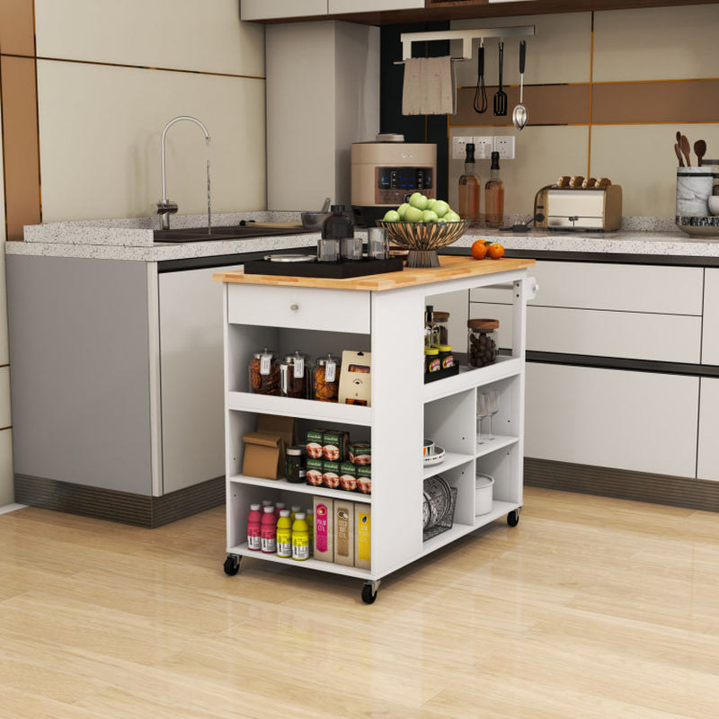 Mobile Kitchen Island Trolley Featuring Open Shelves and Drawer Storage