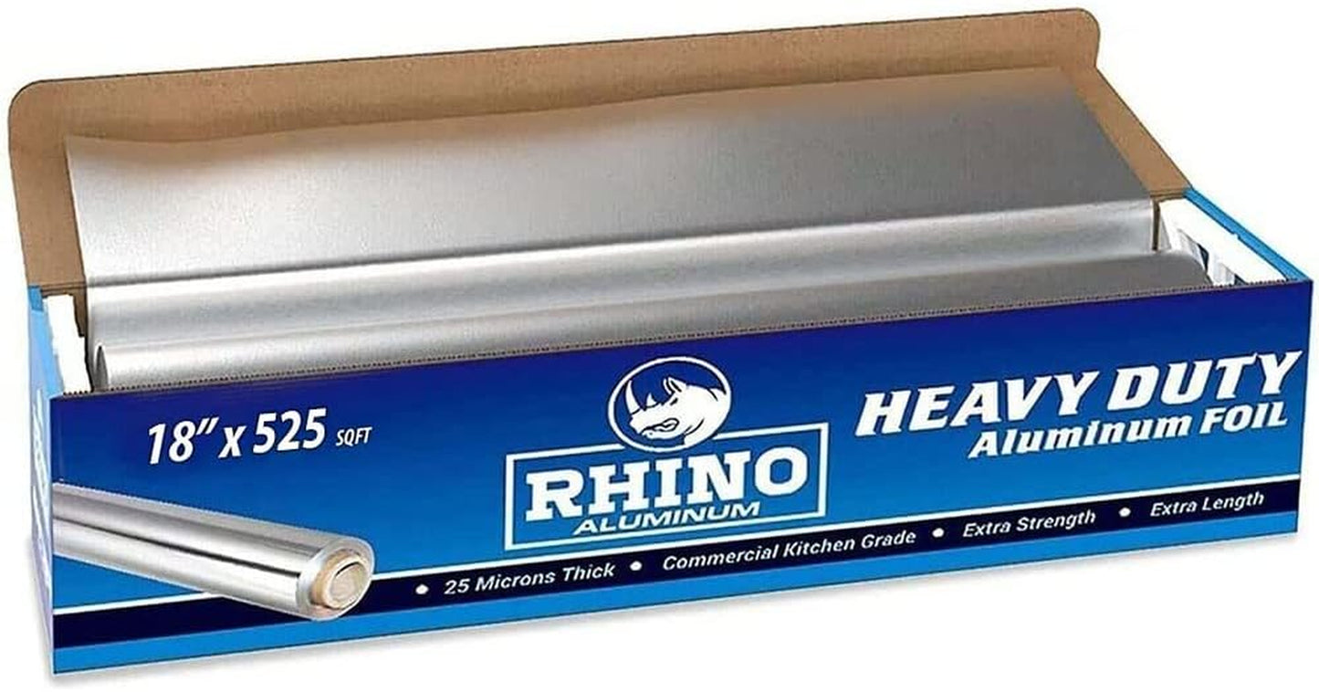 Rhino Heavy-Duty Commercial Grade Aluminum Foil - 18" x 525 ft Roll, 25 Microns Thick, Perfect for Food Service Applications (Single Roll)