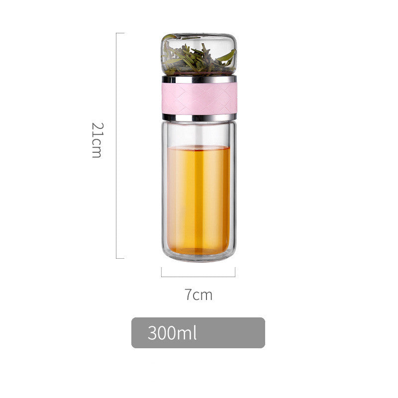Color: Pink and cup cover, Size: 300ml - Tea separation glass cups, tea cups, double glass cups