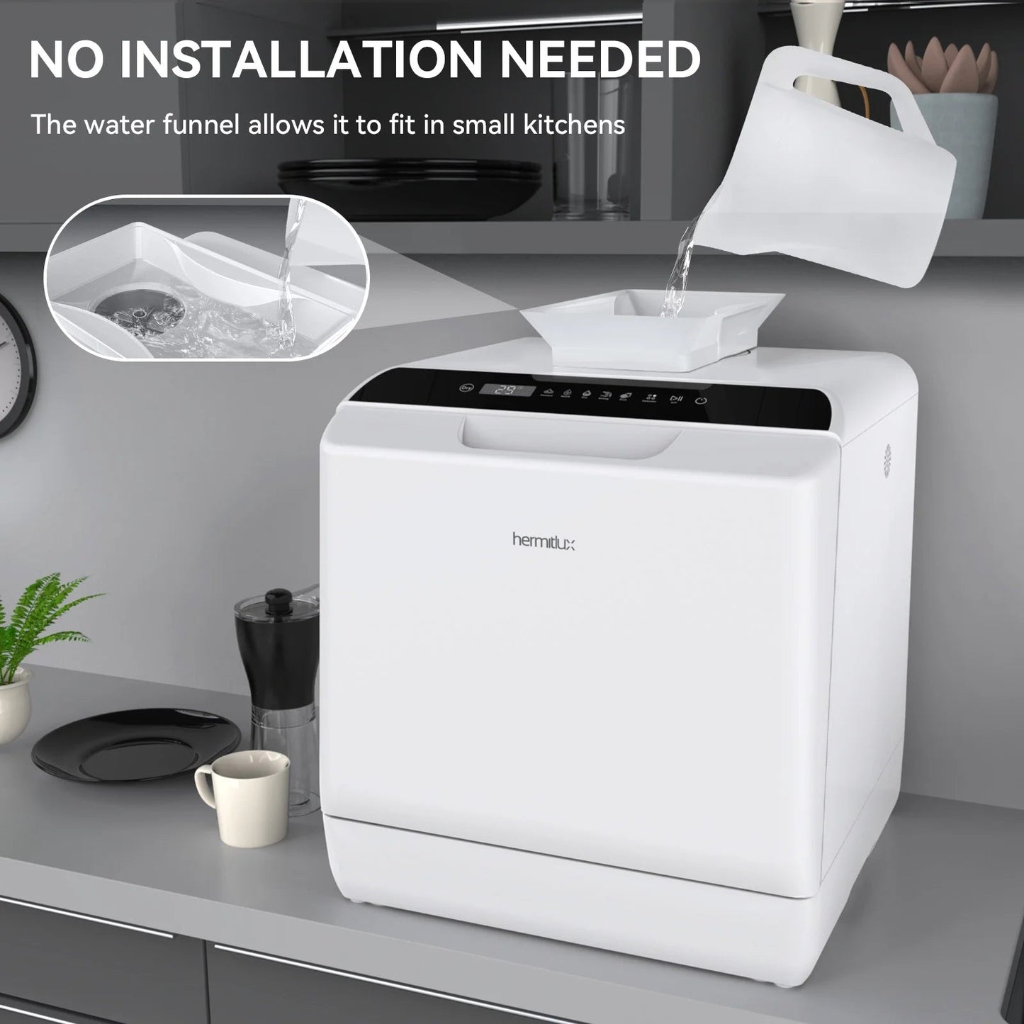 Hermitlux HMX-DW04 Countertop Portable Dishwasher with 5 Washing Programs and 5-Liter Water Tank