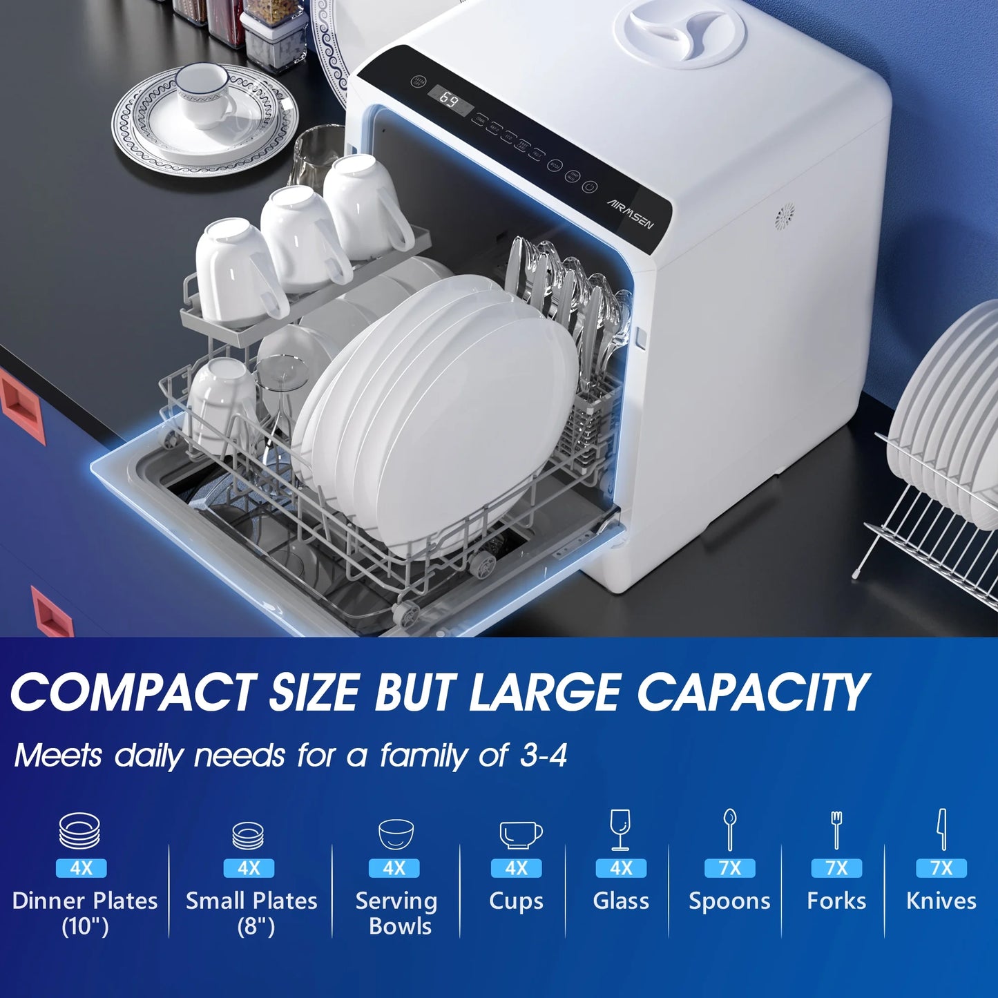 AIRMSEN Portable Countertop Dishwasher with 5-Liter Built-In Water Tank and Air-Dry Function, 5 Washing Programs Mini Dishwasher, AE-TDQR03