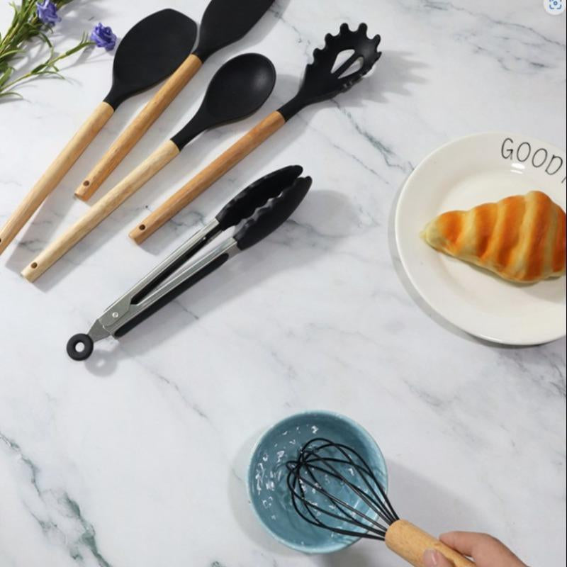 Silicone Kitchen Cooking Utensils Set, 12Pcs/Set Heat Resistant, Tongs, Spatula, Spoon, Brush, Whisk, Wooden Handle Kitchen Gadgets with Holder