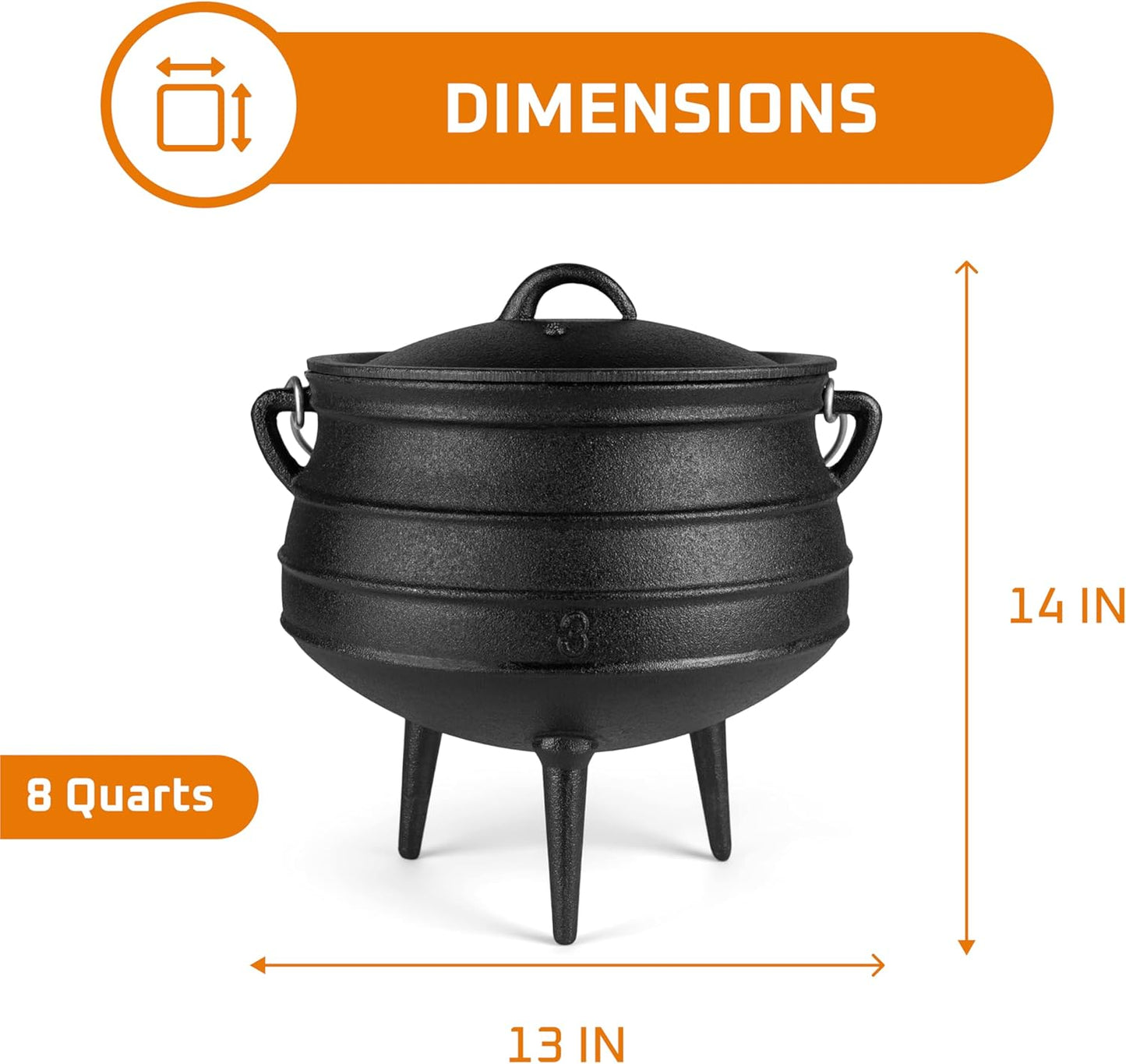 Bruntmor 8-Quart Pre-Seasoned Cast Iron Cauldron - African Potjie Pot with Lid - 3-Legged Design for Optimal Heat Distribution - Outdoor Cast Iron Dutch Oven for Campfire Cooking and Boiling