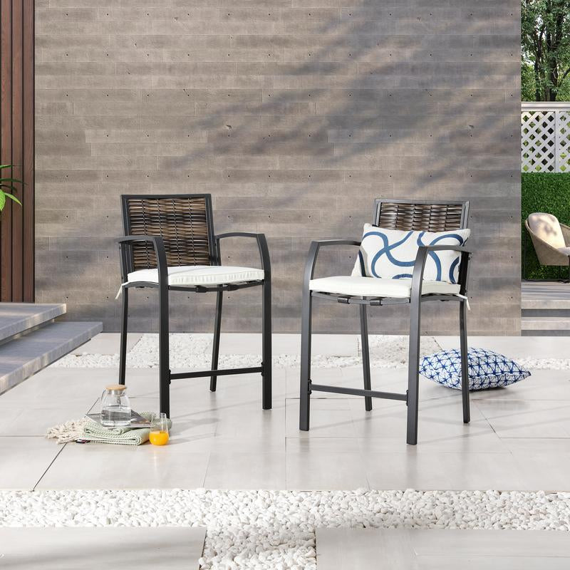 LOKATSE HOME 2 PCS Outdoor Patio Wicker Bar Stools, Height Chairs with Armrest and Cushion for Backyard Deck Lawn Garden