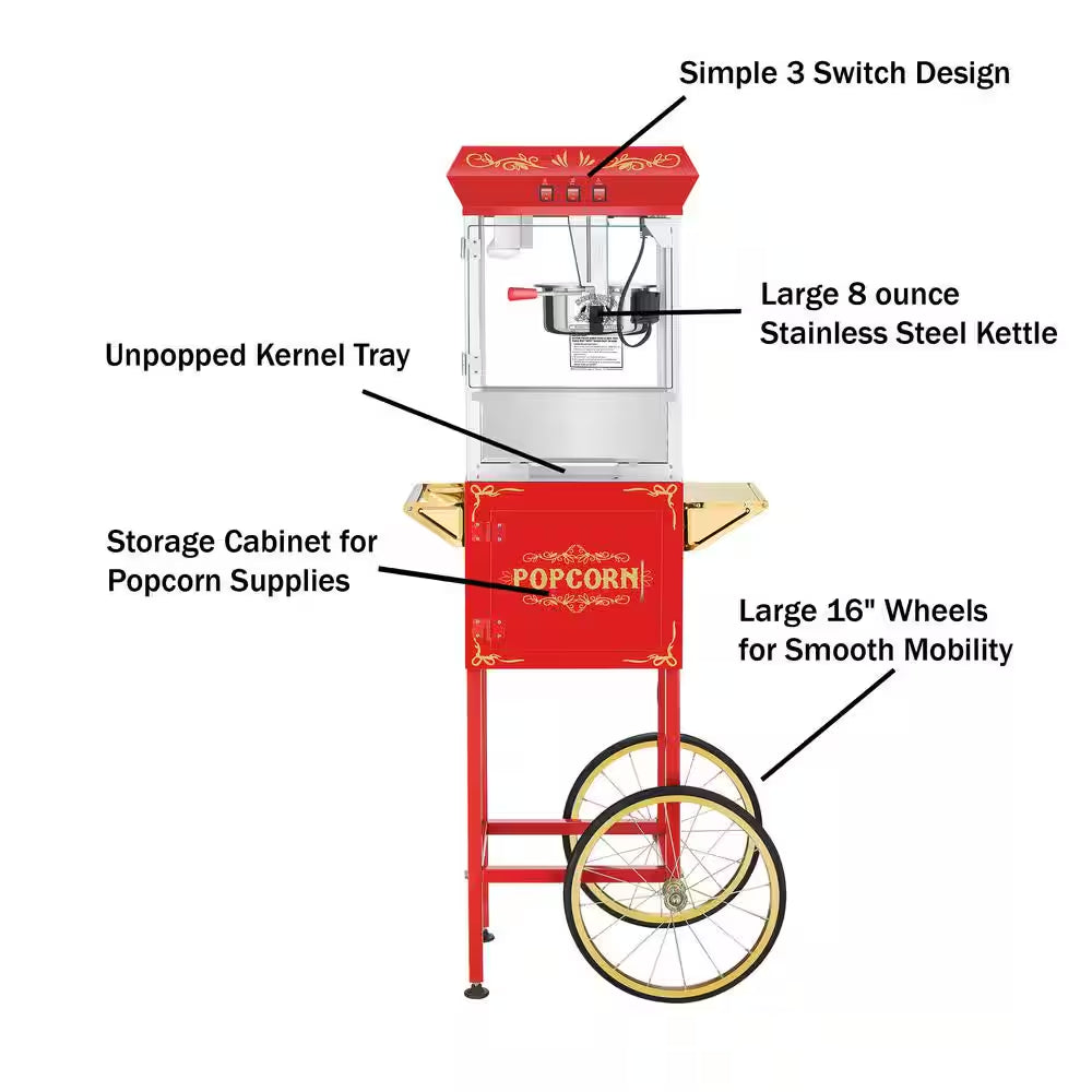 8 Oz. Movie Night Red Popcorn Machine with Cart