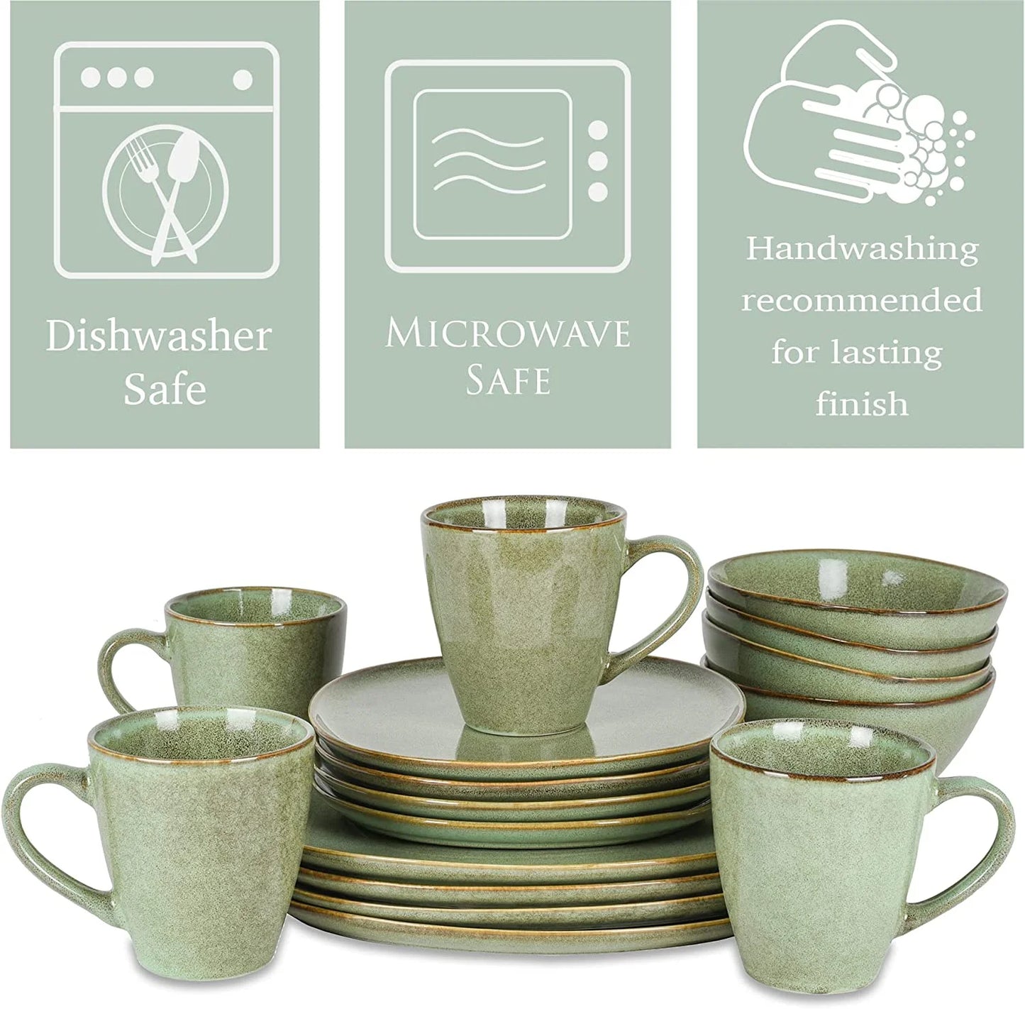 Elanze Designs Modern Chic Smooth Ceramic Stoneware Dinnerware 16 Piece Set - Service for 4, Sage Green