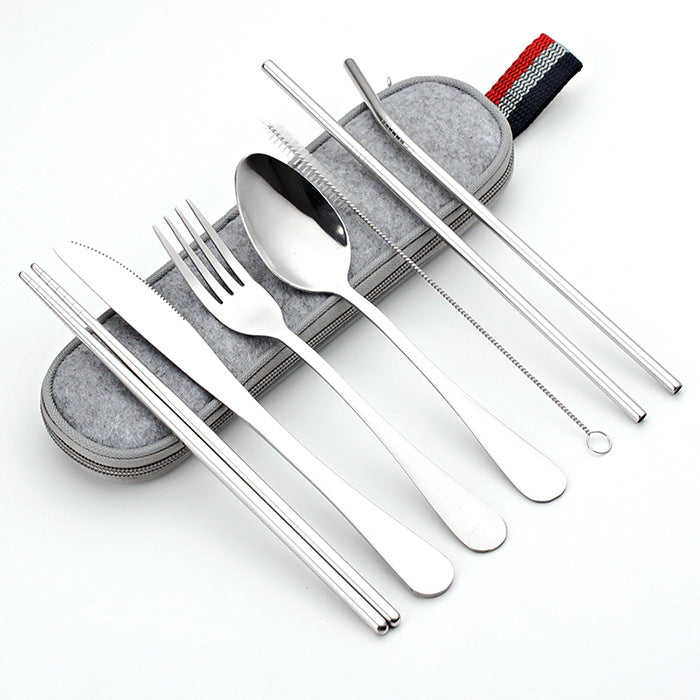 Color: Silver - Stainless Steel Travel Carrying Case Outdoor Cutlery Set
