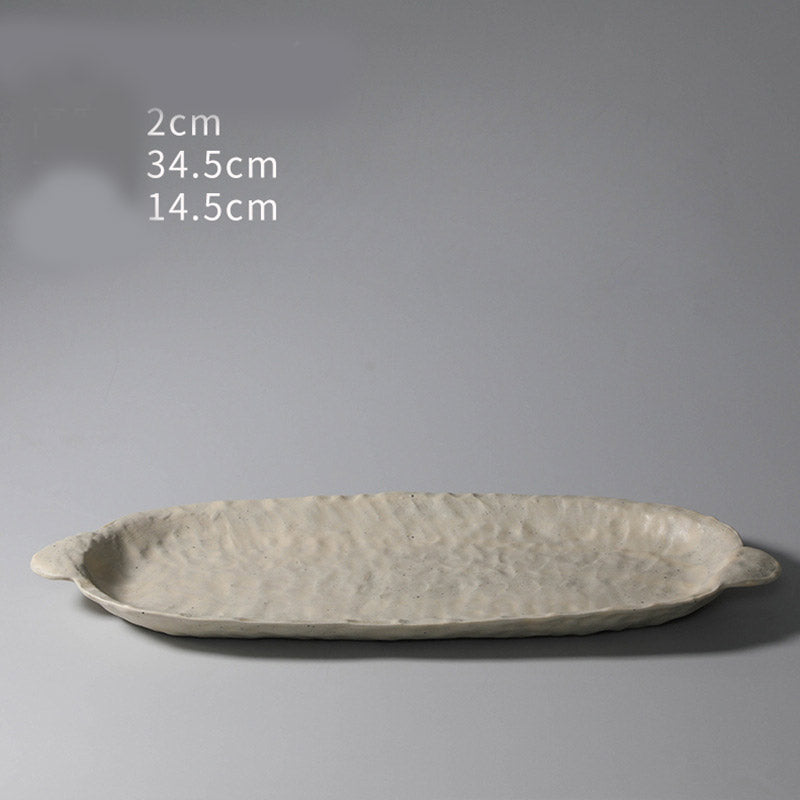 Color: Long plate - Hand-squeezed Dinner Plate Household Stoneware Tableware Bowls And Dishes Personalized Dinner Plate Binaural Handmade Special-shaped Plate