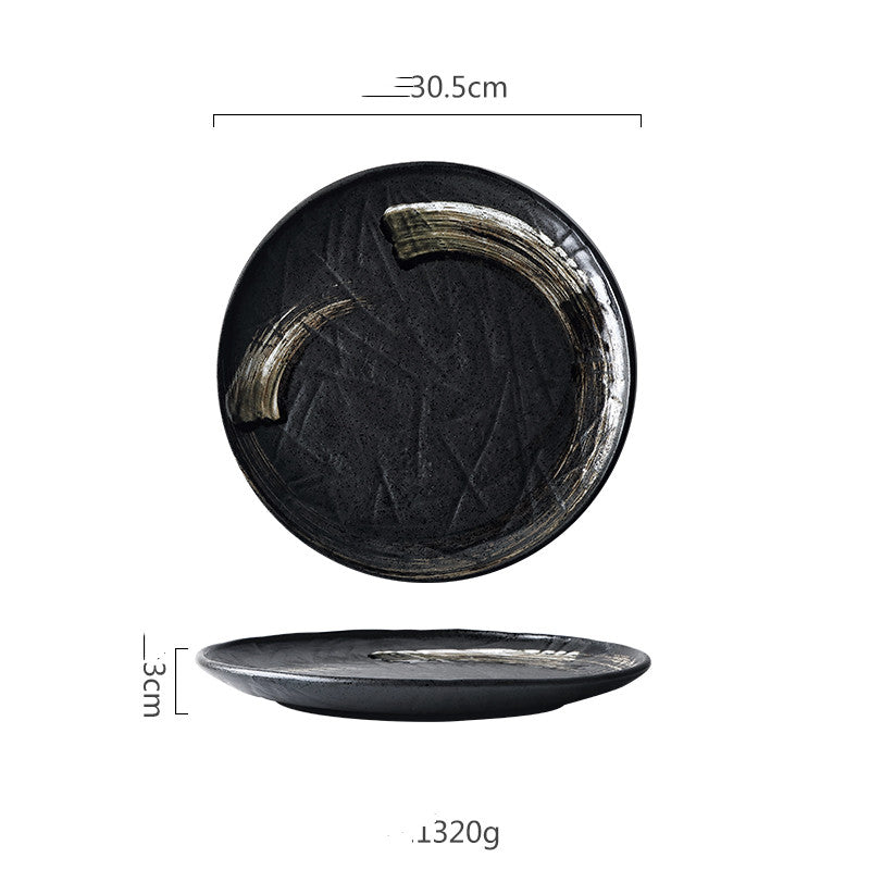 Color: Black, Size: 12 inches - Large Ceramic Plate Hotel Restaurant Home Seafood Plate Platter