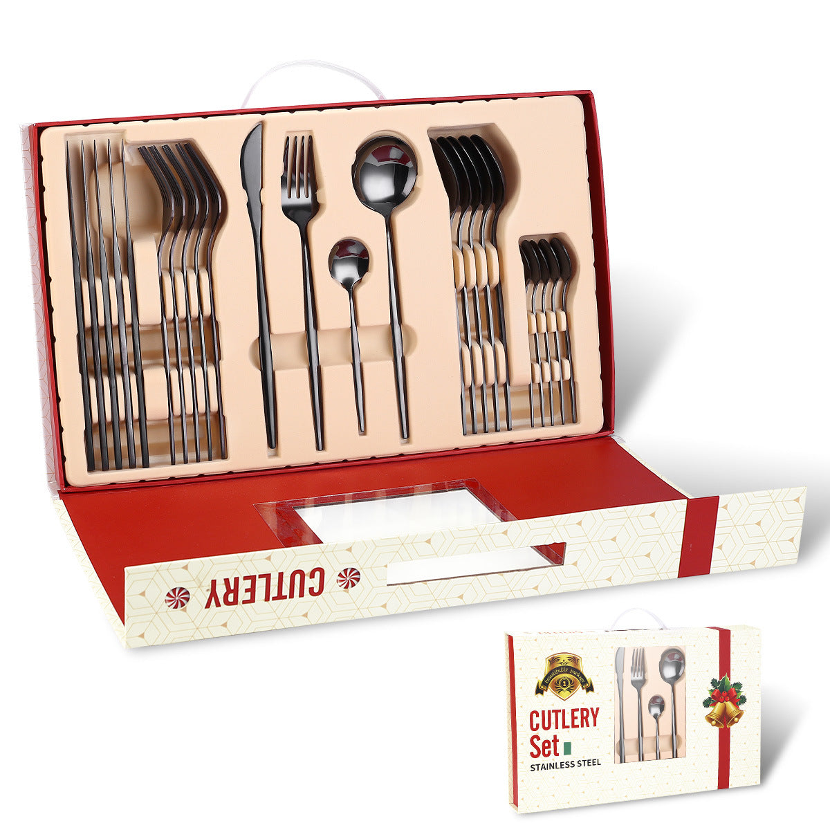 Color: Black - Portugal Stainless Steel Knife, Fork And Spoon Gold-Plated Spray Paint 24-Piece Gift Tableware Set
