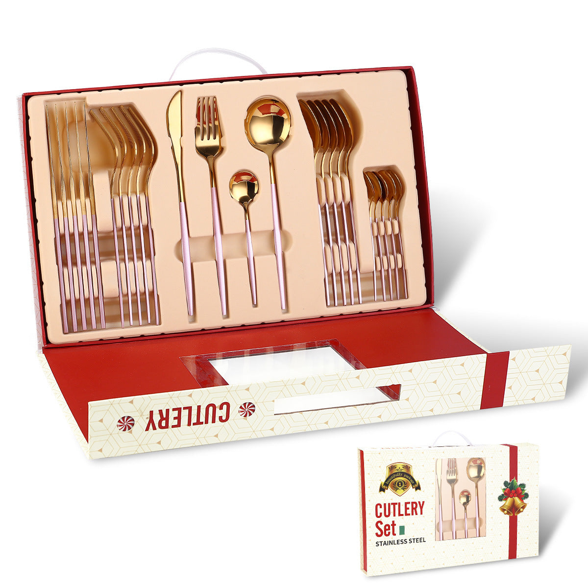 Color: Pink gold - Portugal Stainless Steel Knife, Fork And Spoon Gold-Plated Spray Paint 24-Piece Gift Tableware Set