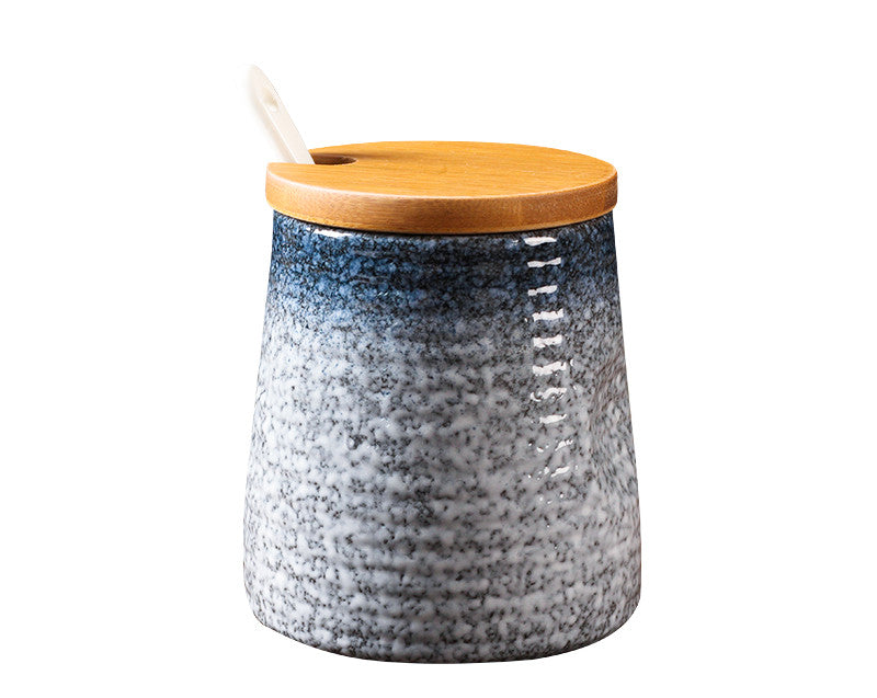 Color: Large sapphire and blues jar - Japanese Seasoning Pot Ceramic Suit Restaurant Seasoning Pot With Cover Commercial Salt Pot Chili Oil Tank Household Kitchen