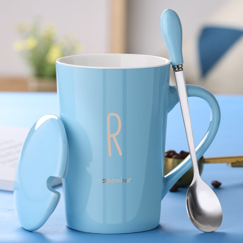 Color: Blue, style: R-4000ML, capacity: - Ceramic Mug With Lid Spoon Trend Couple Drinking Cup