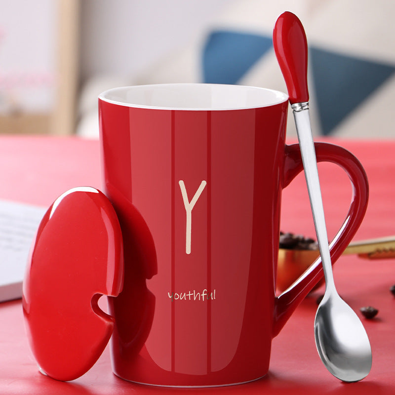 Color: Red, style: Y-4000ML, capacity: - Ceramic Mug With Lid Spoon Trend Couple Drinking Cup