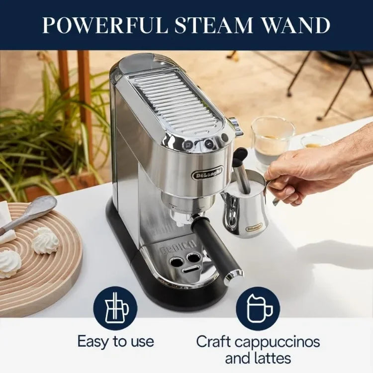 Dedica EC680M, Espresso Machine, Coffee and Cappucino Maker with Milk Frother, Metal / Stainless, Compact Design 6 in Wide