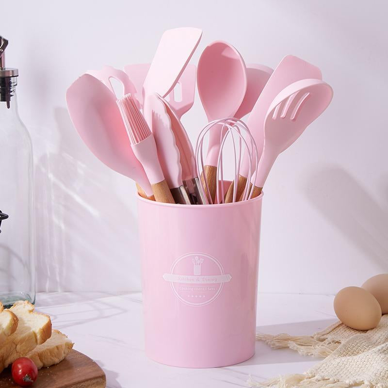 Silicone Kitchen Cooking Utensils Set, 12Pcs/Set Heat Resistant, Tongs, Spatula, Spoon, Brush, Whisk, Wooden Handle Kitchen Gadgets with Holder