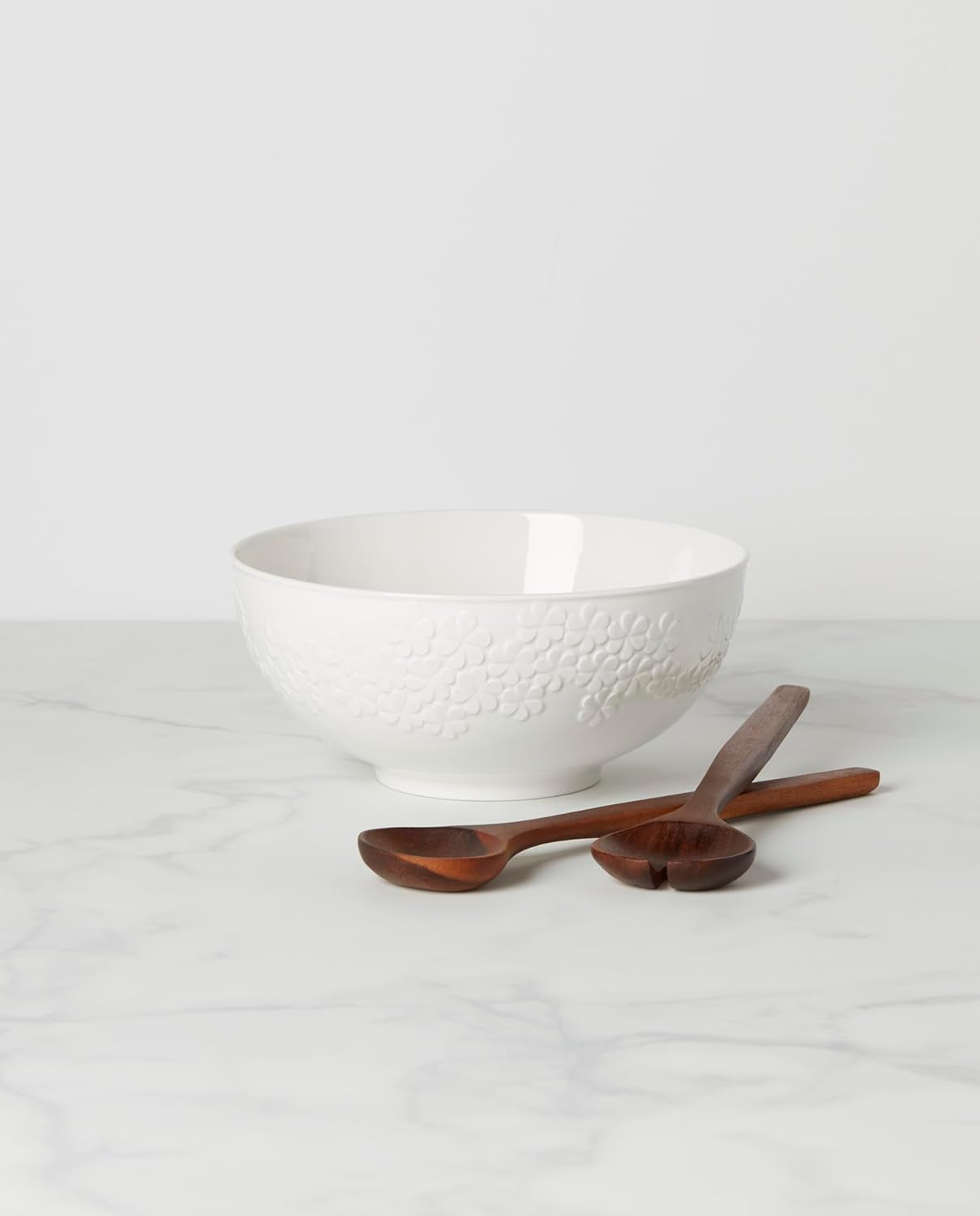 Kate Spade New York Blossom Lane Salad Bowl and Serving Utensils Set, 3.75 lbs, White