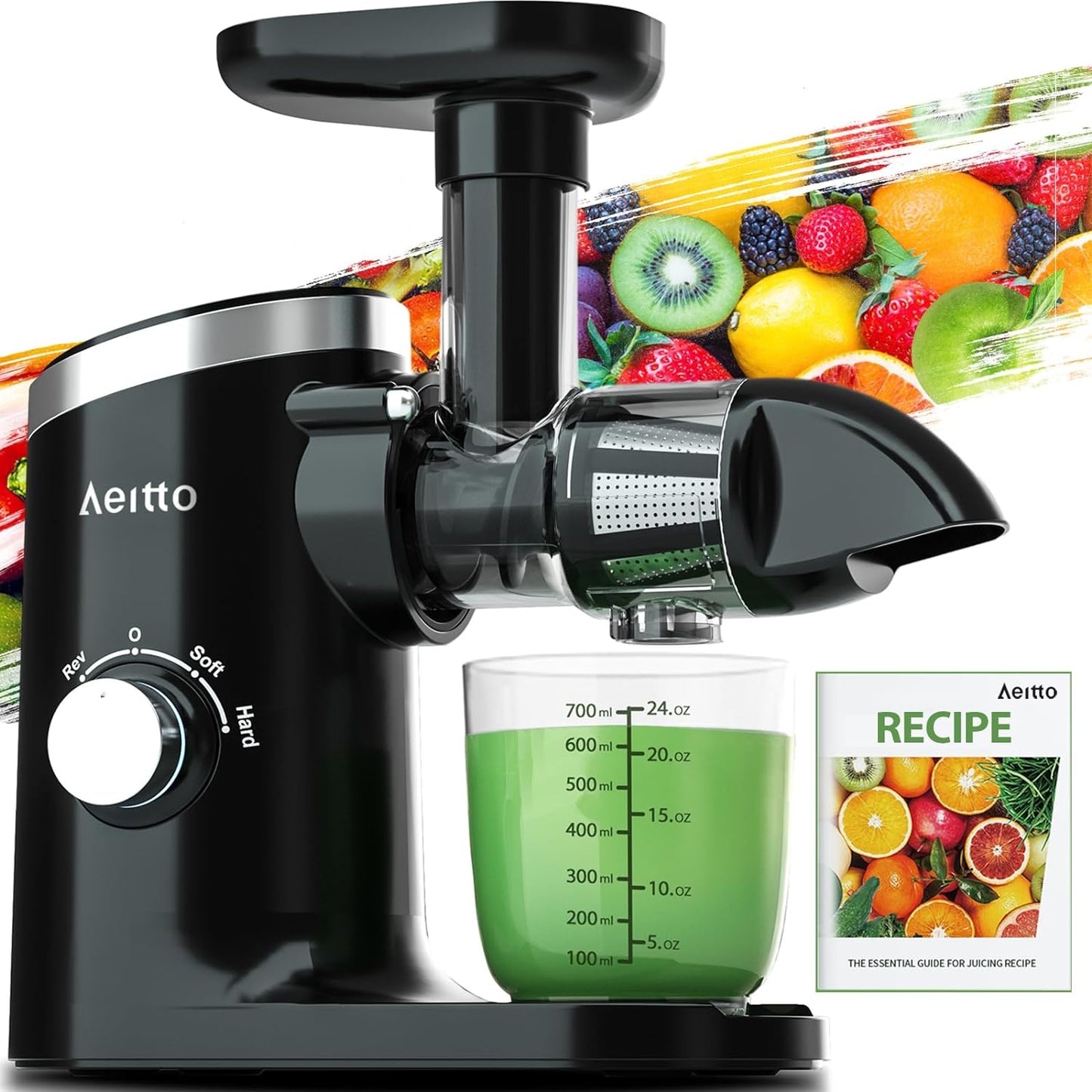 Aeitto Cold Press Juicer - High Juice Yield, Quiet Operation, Easy Cleaning Brush, Soft & Hard Modes, Reverse Function, Perfect for Fruits and Vegetables - Black