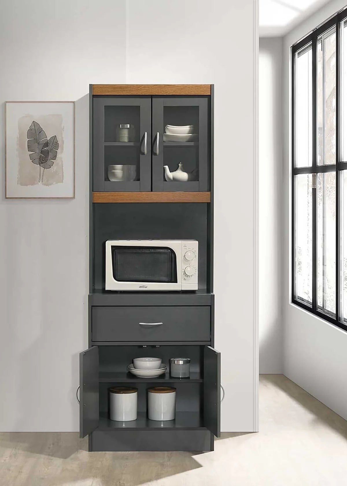 Hodedah Grey-Oak Kitchen Cabinet with One Drawer and Microwave Space