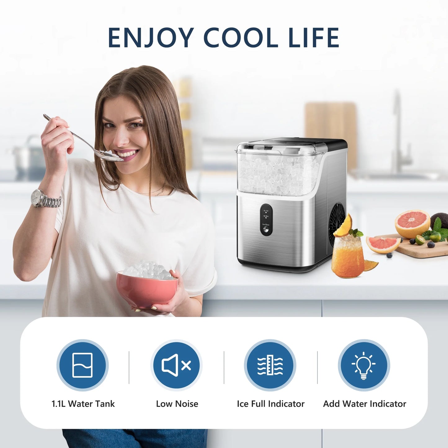 Simzlife Nugget Ice Maker Countertop, Portable Ice Maker Machine with Self-Cleaning Function, 35Lbs/Day, Soft Chewable Pellet Ice, Silver