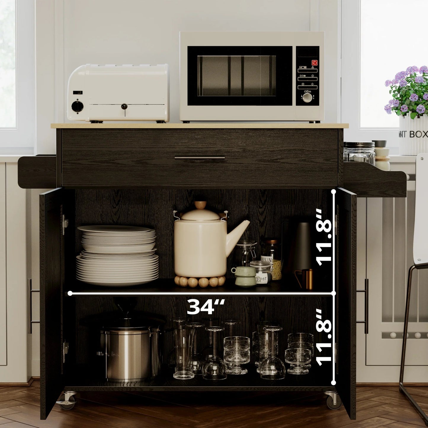IRONCK Mobile Kitchen Island Cart with Storage Cabinet, Drawer, and 3 Spice Racks in Black