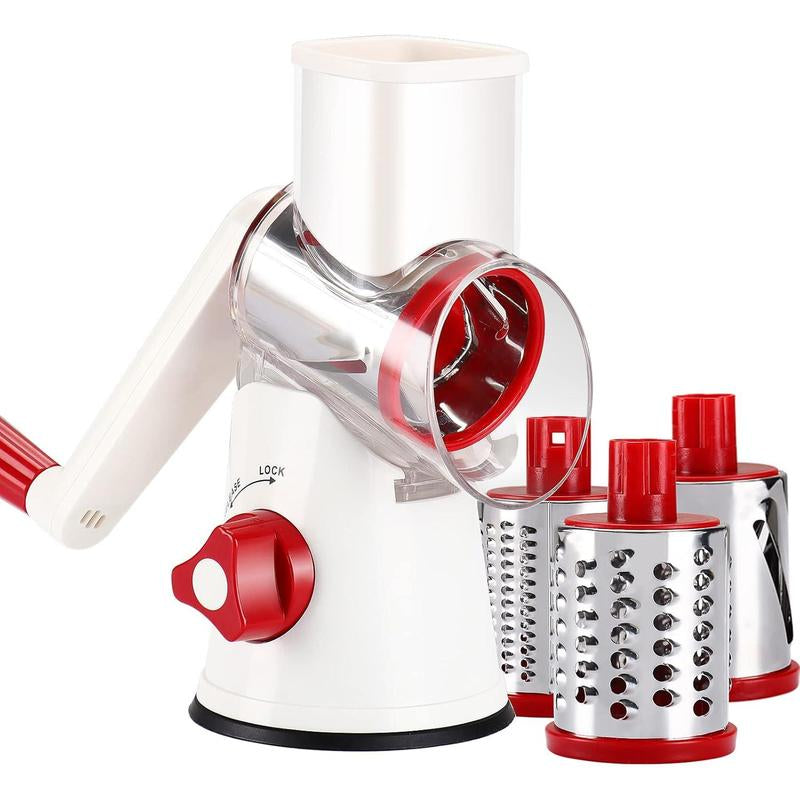 Rotary Cheese Grater with Handle, Manual Speed round Cheese Shredder with Strong Suction Base, Easy to Use Potato Hashbrown Shredder with 3 Replaceable Stainless Steel Drum (Black)