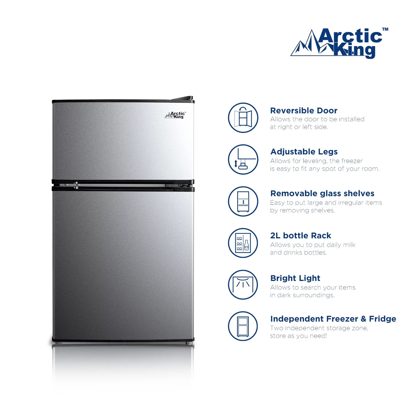 Arctic King 3.2 Cu Ft Two Door Mini Fridge with Freezer, Stainless Steel, E-Star