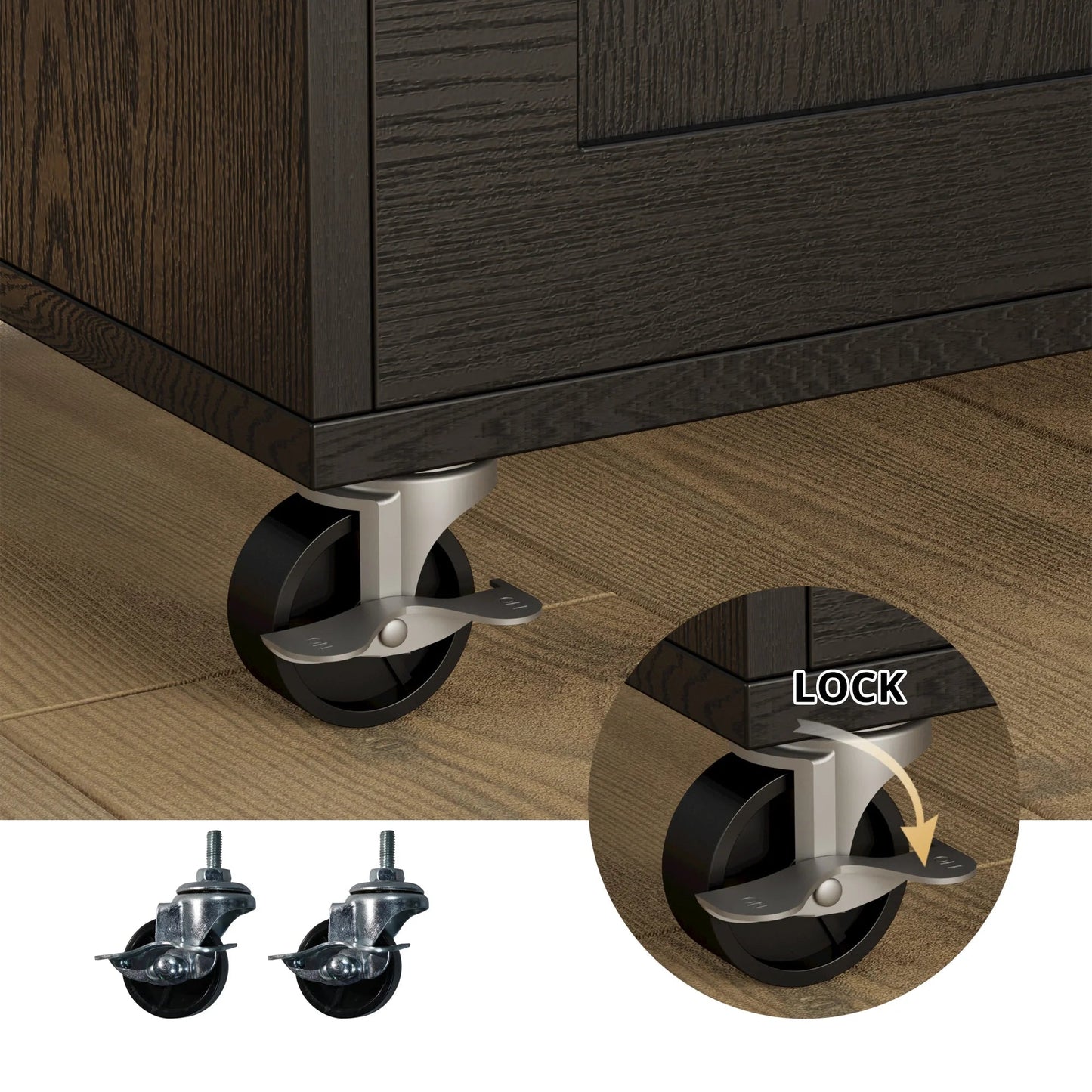 IRONCK Mobile Kitchen Island Cart with Storage Cabinet, Drawer, and 3 Spice Racks in Black