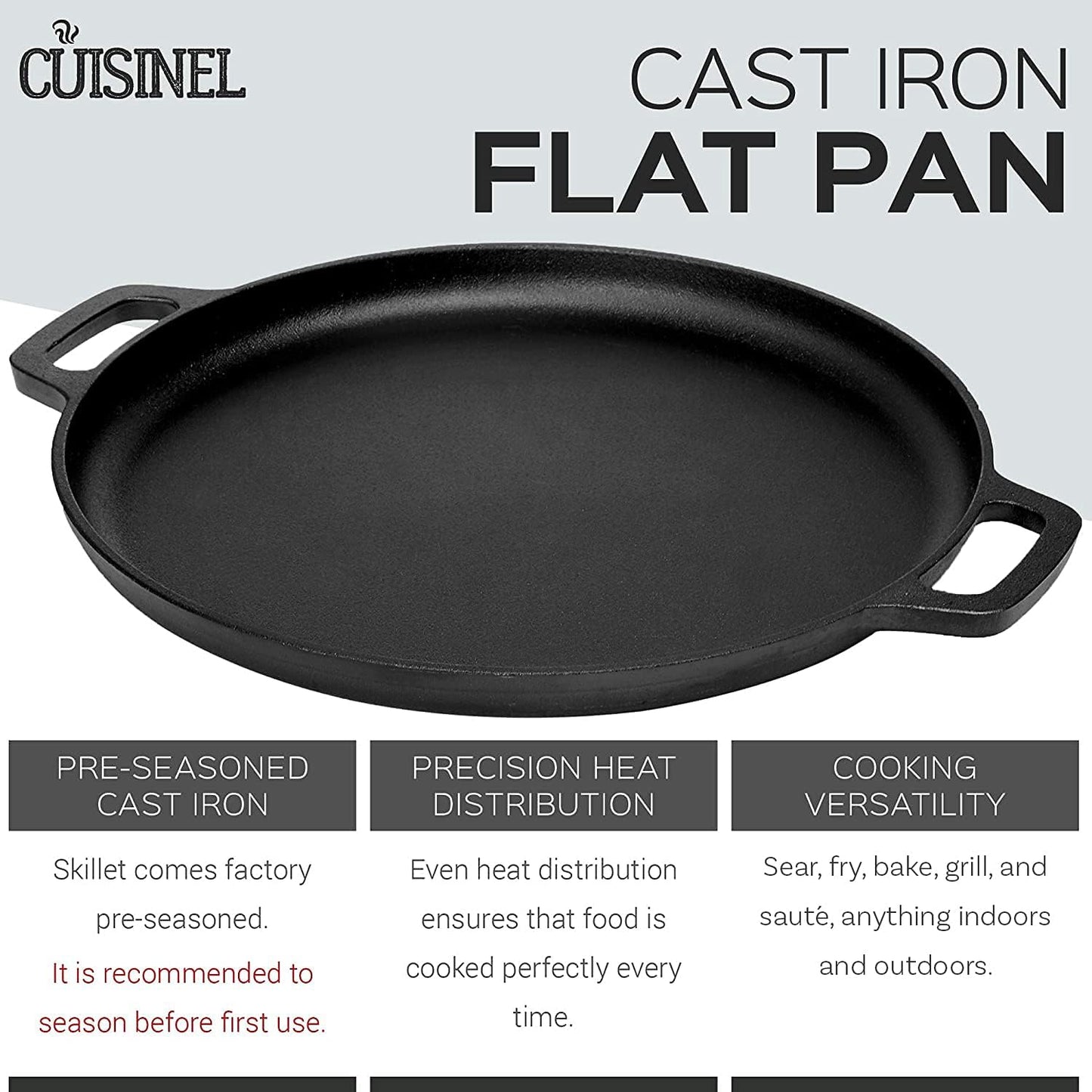 Cuisinel Pre-Seasoned 13.5 Inch Cast Iron Pizza and Baking Pan - Superior Heat Retention and Distribution for Stove, Oven, Grill, or Campfire Use