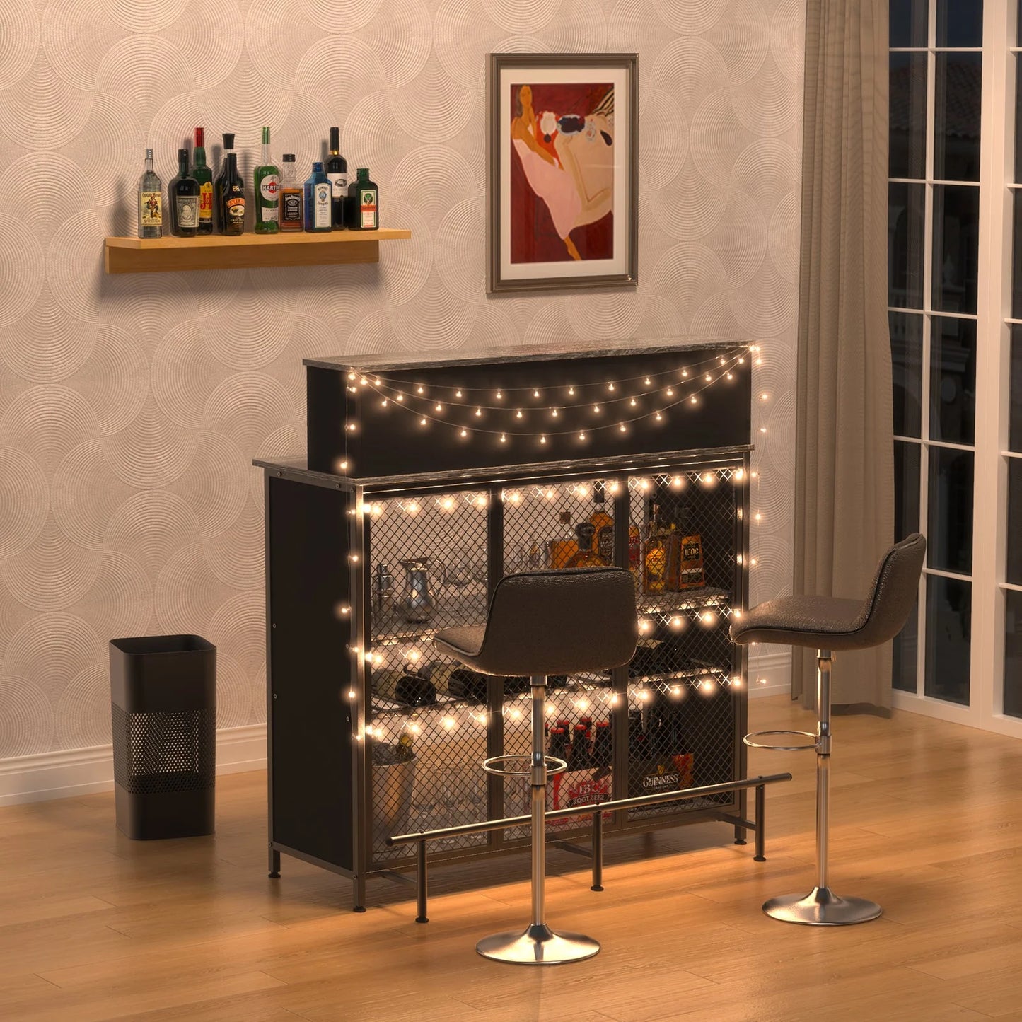 Stylish GDLF Mini Home Bar Cabinet with Storage & Footrest in Wood Gray
